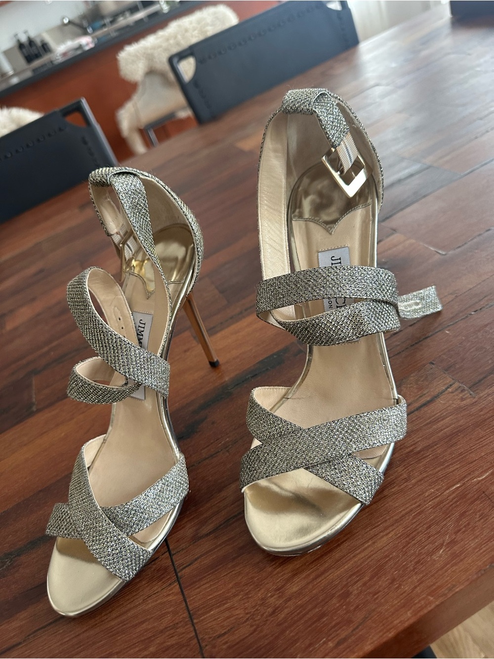 Jimmy Choo Silver Glitter Crisscross Stiletto Sandals